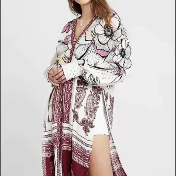 Free People Duster Kimono Mixed Print Ivory Wine - Picture 3 of 7